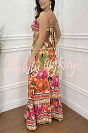 Mexico Style Tropical Print Ring Cutout Lace-up Vacation Maxi Dress