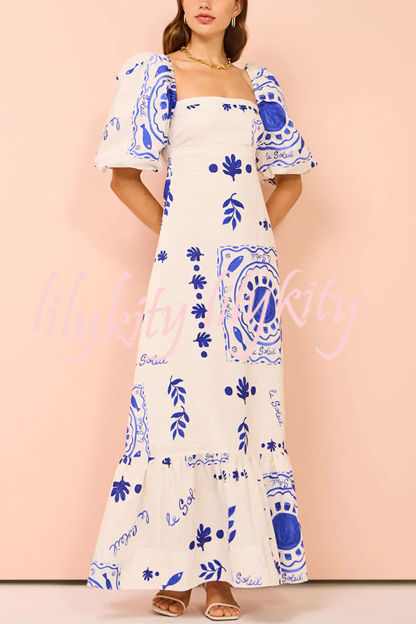 Sherbert Linen Blend Unique Print Square Neck Bubble Sleeve Maxi Dress