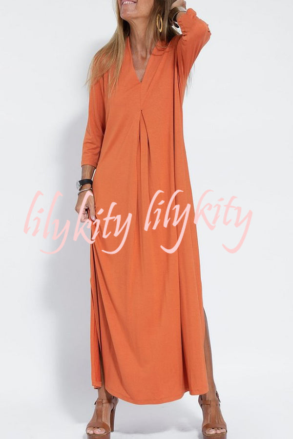 Solid Color V-neck Casual Slit Maxi Dress