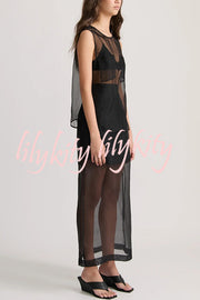 Embraces Modern Sheer Organza Pocket Oversized Tank and High Rise Slit Midi Skirt Set