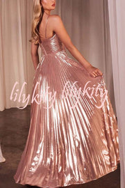 Make A Toast Metallic Fabric Cross Neck Cutout Slit Pleated Maxi Dress