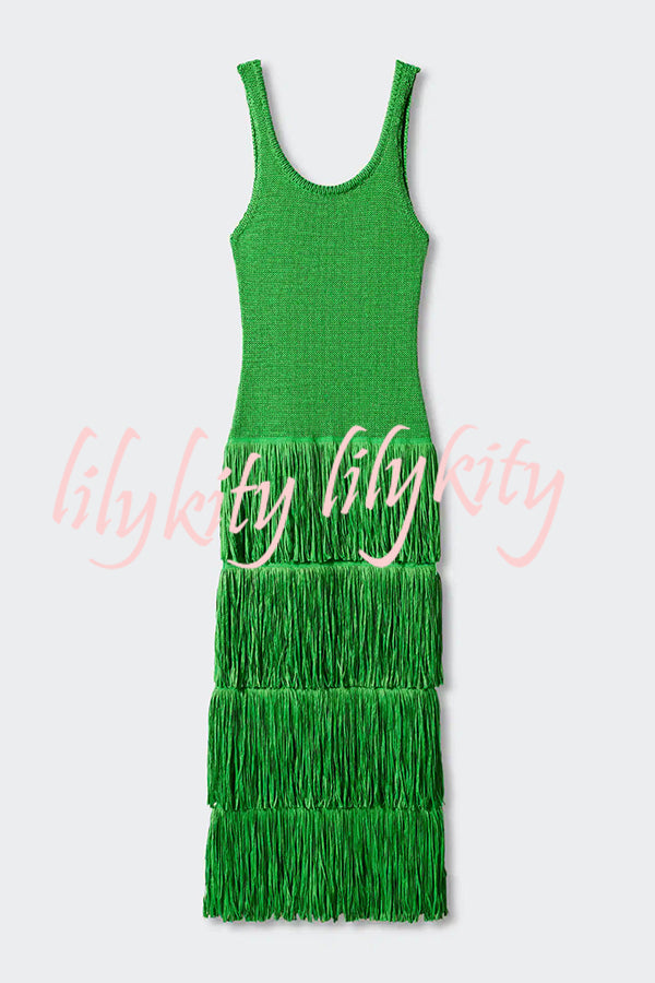 Solid Color Sleeveless Slim Fit Fringed Hem Knitted Midi Dress