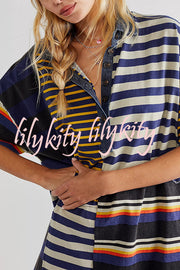 Contrast Striped Patchwork Denim Lapel Loose Casual Mini Dress