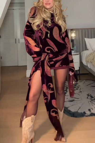 Night Out Velvet Paisley Print Long Sleeve Tie-up Tassel Loose Mini Dress
