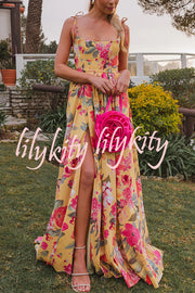 Garden Wedding Floral Print Back Tie-up Pocketed Slit Maxi Dress