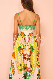 Enjoy Summer Lemon Linen Blend Unique Print Smocked Back Pocket Maxi Dress