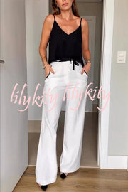 Full of Chic Colorblock Trim Lace-up Waist Pocketed Wide Leg Pants