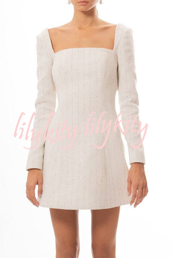 Chic Playful Vibes Tweed Square Neck Open Back Bows Mini Dress