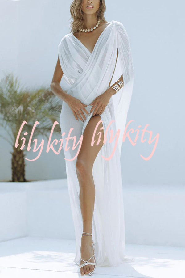 Enjoy Your Vacation Linen Blend Ruched Shoulder Drape Loose Cover Up Maxi Dress