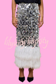 Playful Sparkling Large Sequin Faux Fur Tassel Hem Elastic Waist Maxi Skirt