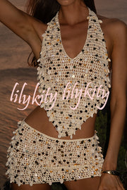 Sexy Halter Back Shell Sequined Top and Fitted Beach Mini Skirt Set