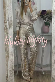 Glitzy Glamour Sequin High Rise Elastic Waist Wide Leg Pants