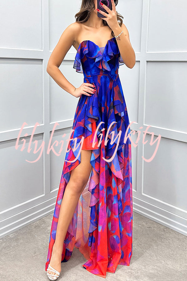 Loving Moment Gradient Unique Print Flowing Layered Ruffles Strapless Slit Maxi Dress