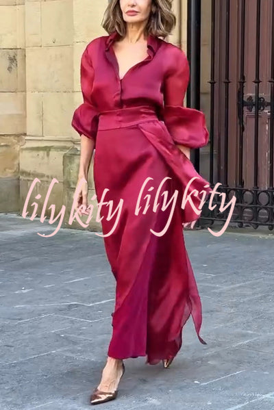 Lily Chiffon Bow Detail Puff Sleeve Blouse and Elegant Layered Maxi Skirt Set