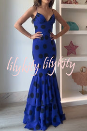 Eliora Mesh Polka Dot Print Gathered Bust Layered Fishtail Hem Maxi Dress
