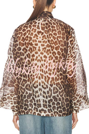 Arianne Chiffon Leopard Print Bow Neck Long Balloon Sleeve Loose Blouse