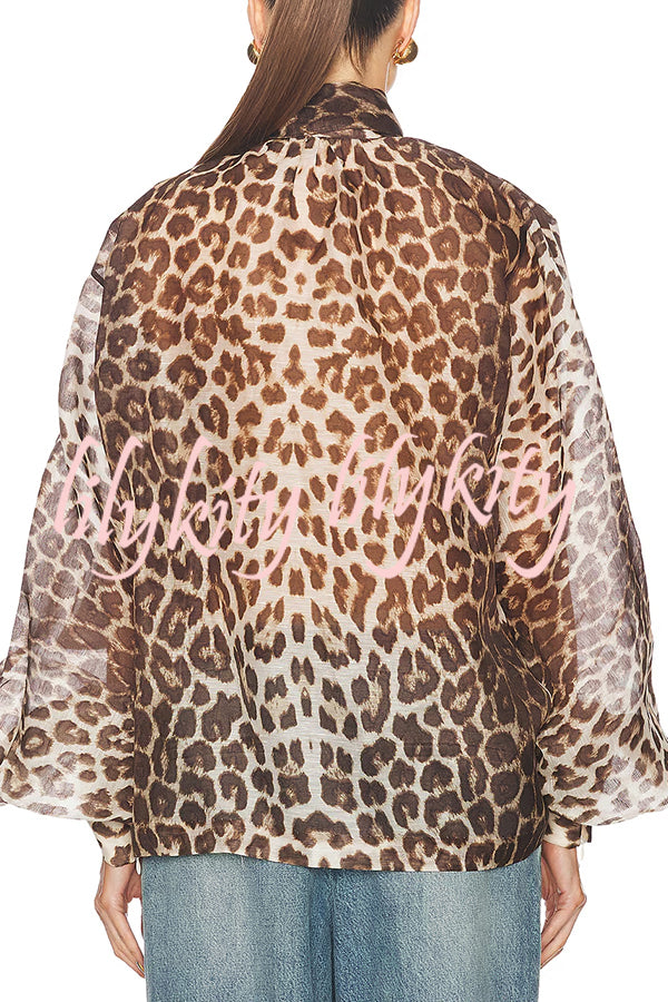 Arianne Chiffon Leopard Print Bow Neck Long Balloon Sleeve Loose Blouse