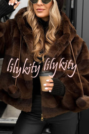 Winter Latte Gradient Print Ribbed Balloon Sleeve Hooded Loose Plush Coat