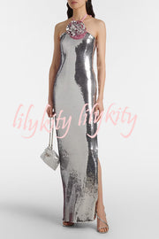 Moonlit Blooms Sequin Floral-appliqué Halter Neck Slit Gown Maxi Dress