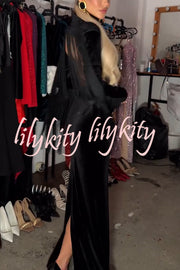 Eve Velvet Open Back Tassel Trim Long Sleeve Slit Maxi Dress