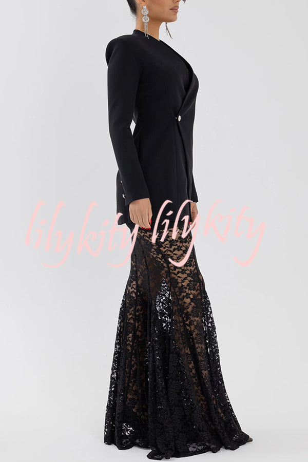Poetic Muse Floral Lace High Rise Elastic Waist Fishtail Hem Maxi Skirt