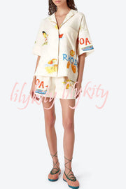 Hello Summer Linen Blend Hand-painted Print Blouse and Elastic Waist Pocketed Shorts Set