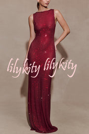 Holiday Nights Sequin Boat Neck Sleeveless Slit Maxi Dress