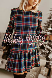 Fashionable Plaid Print Long Sleeve Round Neck Slim Fit Mini Dress