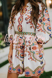 Fun and Vibrant Linen Blend Unique Print Puff Sleeve Pocketed Shirt Mini Dress