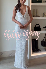 Festival Shines Sequin Beaded Mesh Bow Cutout Detail Slit Maxi Dress