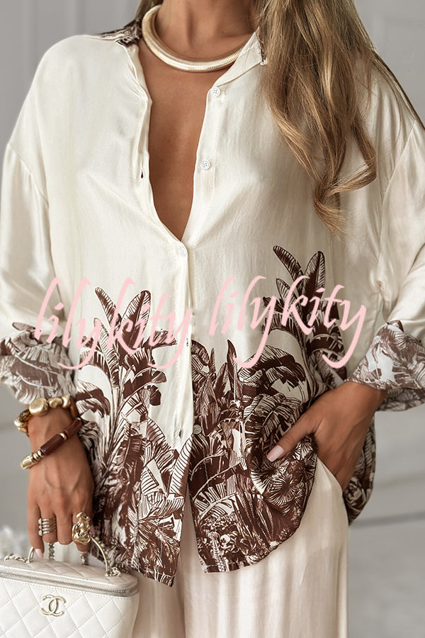 Botanical Print Loose Long-sleeved Shirt and Elastic Waist Pocket Casual Wide-leg Pants