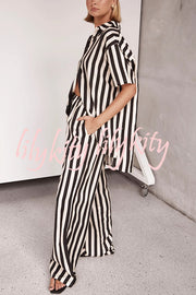 Erika Striped Casual Shirt and Elastic Waist Pocket Wide Leg Pants Set