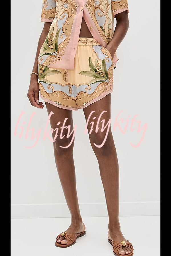 Royalty Unique Print Button Up Short Sleeve Shirt and Elastic Waist Pocketed Loose Shorts Set
