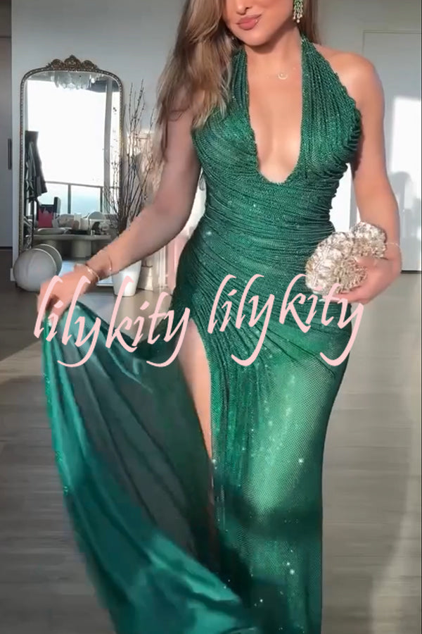 Edeita Sequin Pleated Design Deep Halter U-neck Slit Drape Gown Maxi Dress