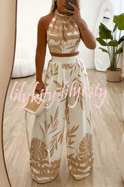 Botanical Print Halterneck Crop Top and Casual High-waist Wide-leg Pants Set