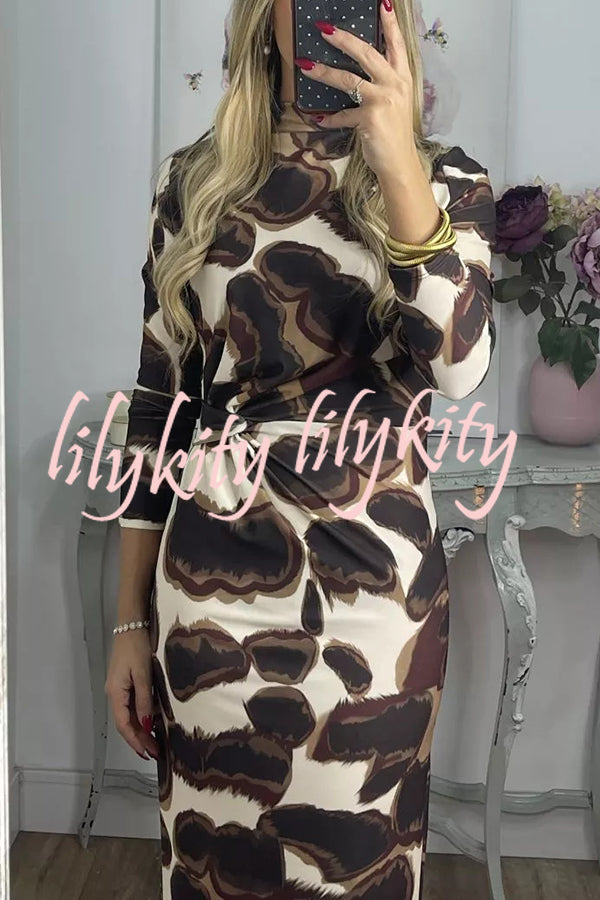 Kiele Unique Print Turtleneck Twist Detail Long Sleeve Stretch Midi Dress