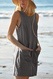 Solid Color Casual Round Neck Sleeveless Pocket Loose Rompers