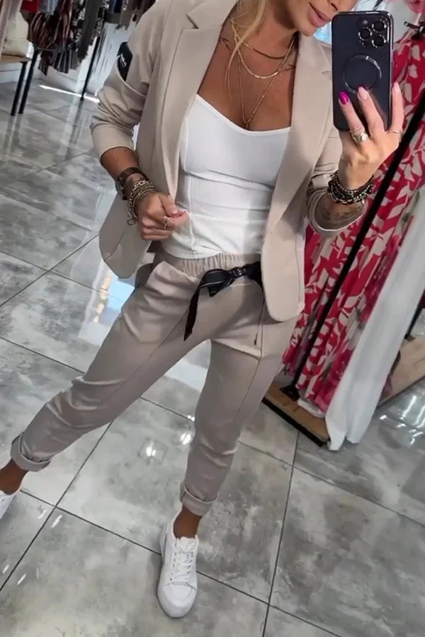 Smart Casual Lapel Blazer and Elastic Waist Tie Pocket Pants Set