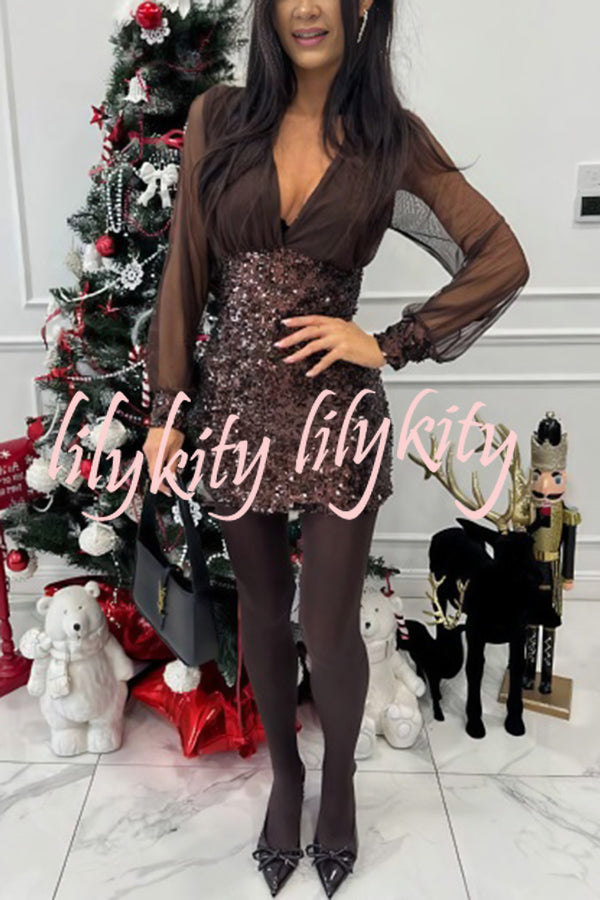 Whisper and Wine Sheer Tulle Sequin Patchwork V-neck Long Sleeve Mini Dress