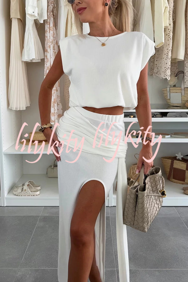 Comfortable Stylish Round Neck Sleeveless Casual Top and Elastic Waist Ruched Tie Slit Midi Skirt Set