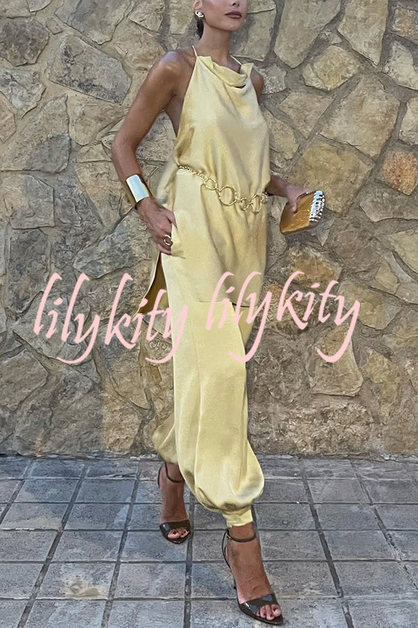 Satin Solid Color Loose Backless Casual Top