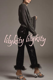 New Year Eve Sequin Feather Trim High Rise Back Zipper Flare Pants