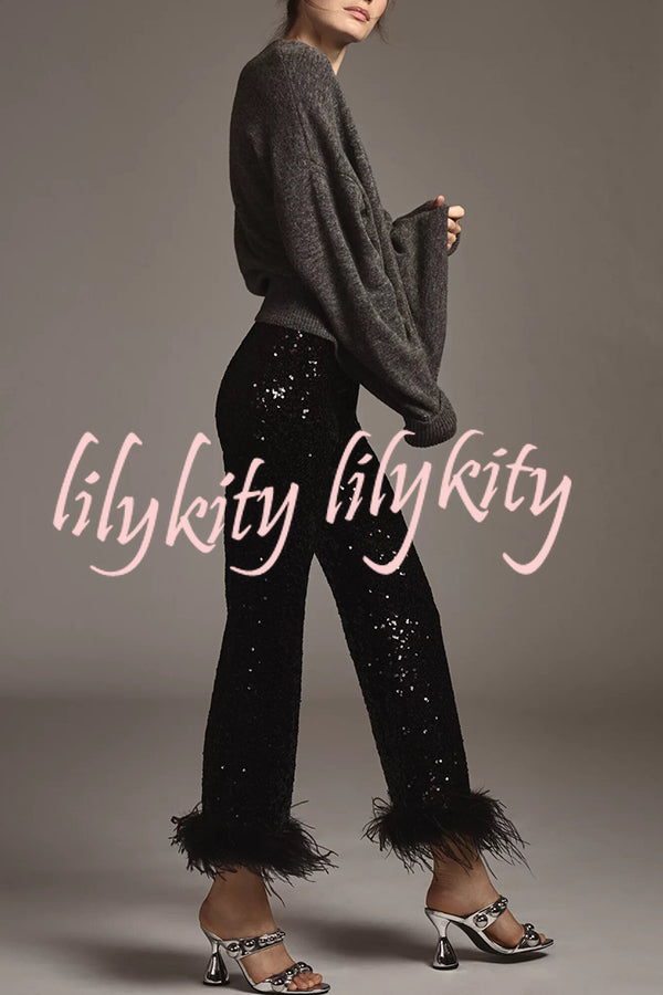 New Year Eve Sequin Feather Trim High Rise Back Zipper Flare Pants