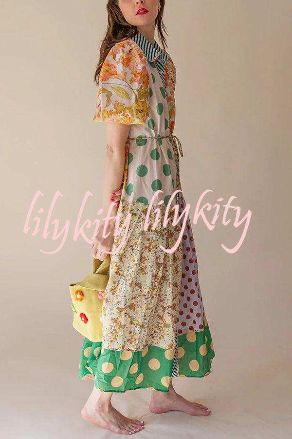 Linen Blend Unique Print Lapel Puff Sleeve Casual Midi Dress