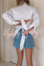 Fall for That Button Long Sleeve Open Back Tie Detail Blouse