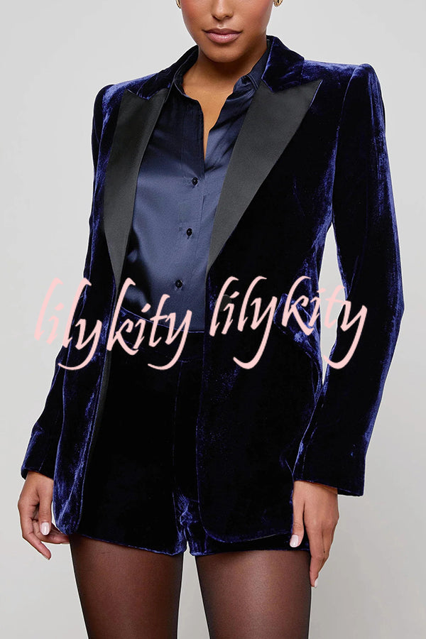 Bold Modern Velvet Contrast Satin Lapel Blazer and High Rise Pocket Shorts Set