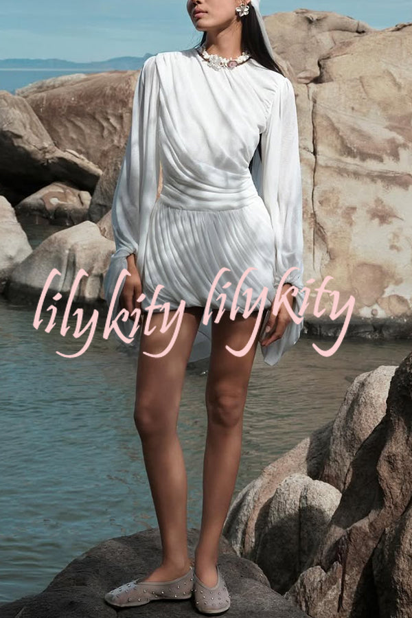 Solid Color Round Neck Lantern Long Sleeve Pleated Casual Mini Dress