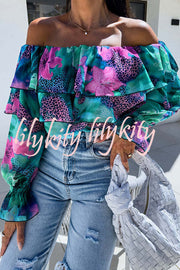 Colorful Botanical Print Sexy Off-shoulder Ruffle Top