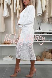 Lesia Floral Lace High Rise Slit Stretch Midi Skirt
