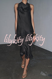 Dolly Satin Lace Trim Halter Cowl Neck Asymmetric Hem Tank